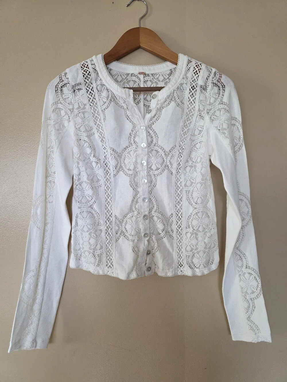 Free People Jae Top S Lace Mesh Button Front Romantic Boho Feminine Balletcore